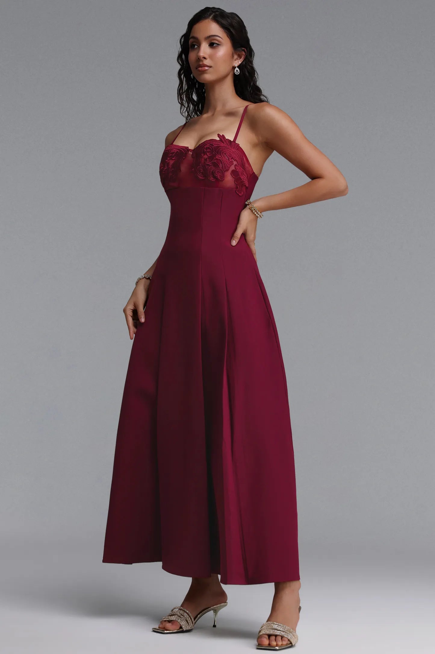 Maroon Illusion Sweetheart Evening Gown with Pleated Skirt