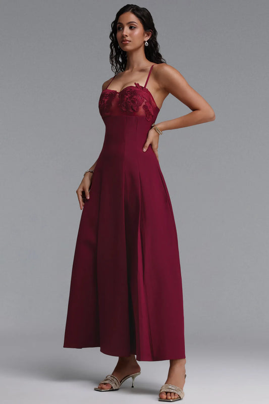 Maroon Illusion Sweetheart Evening Gown with Pleated Skirt