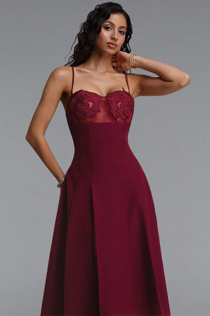 Maroon Illusion Sweetheart Evening Gown with Pleated Skirt