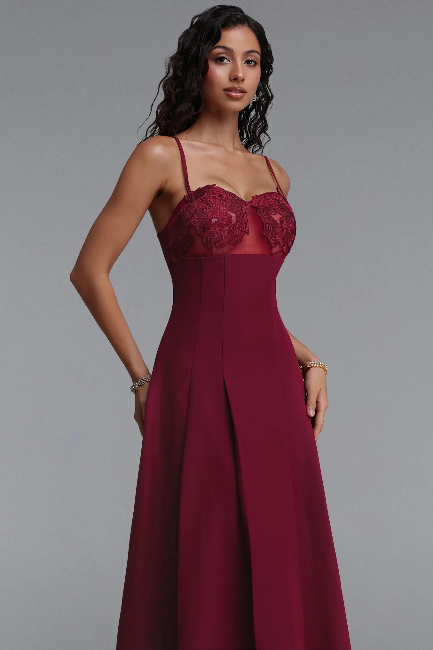 Maroon Illusion Sweetheart Evening Gown with Pleated Skirt