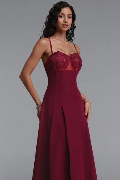 Maroon Illusion Sweetheart Evening Gown with Pleated Skirt