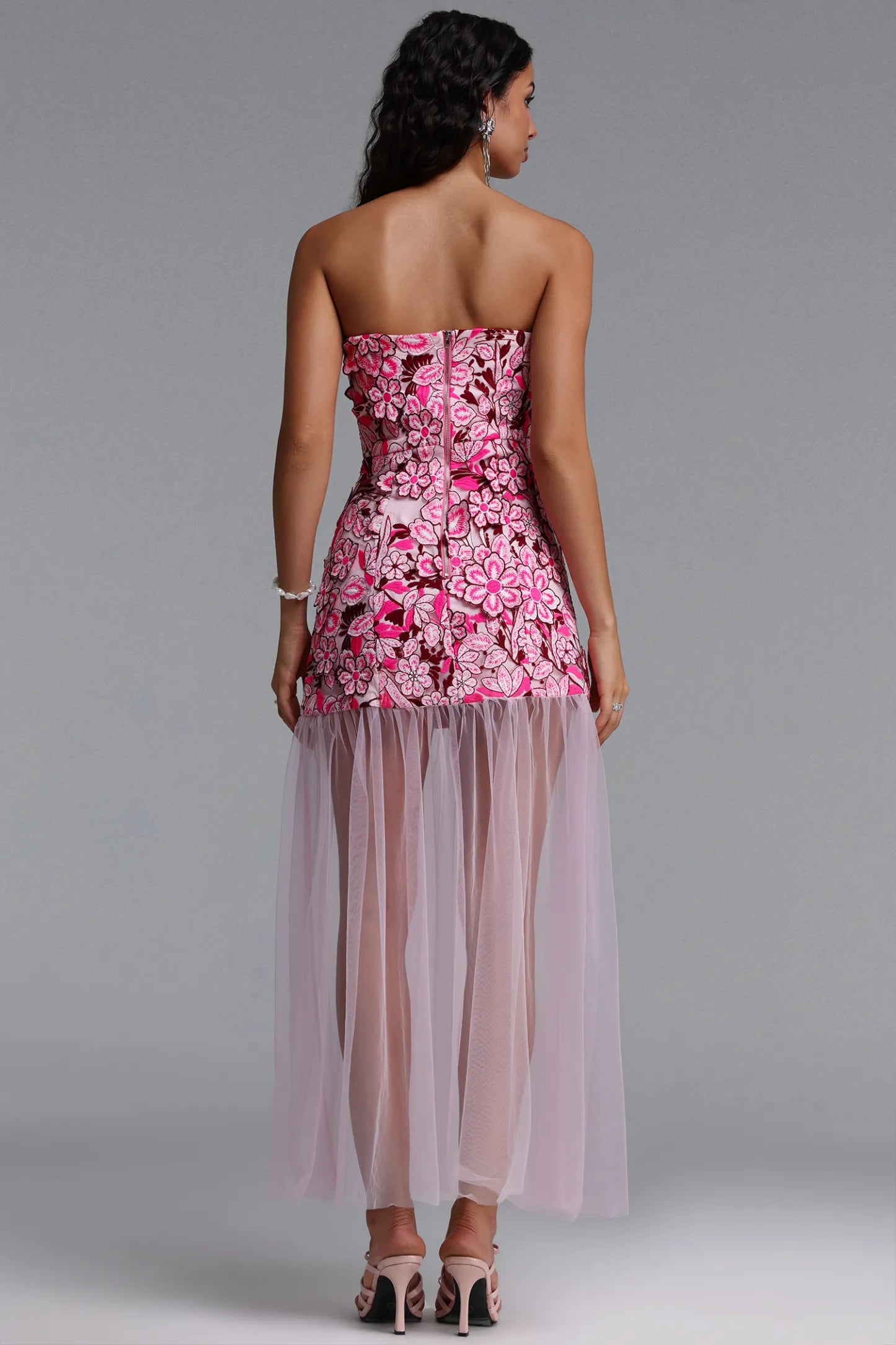 Pink Floral Embroidered Strapless Mini Dress with Sheer Tulle Overlay