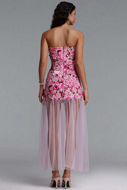 Pink Floral Embroidered Strapless Mini Dress with Sheer Tulle Overlay