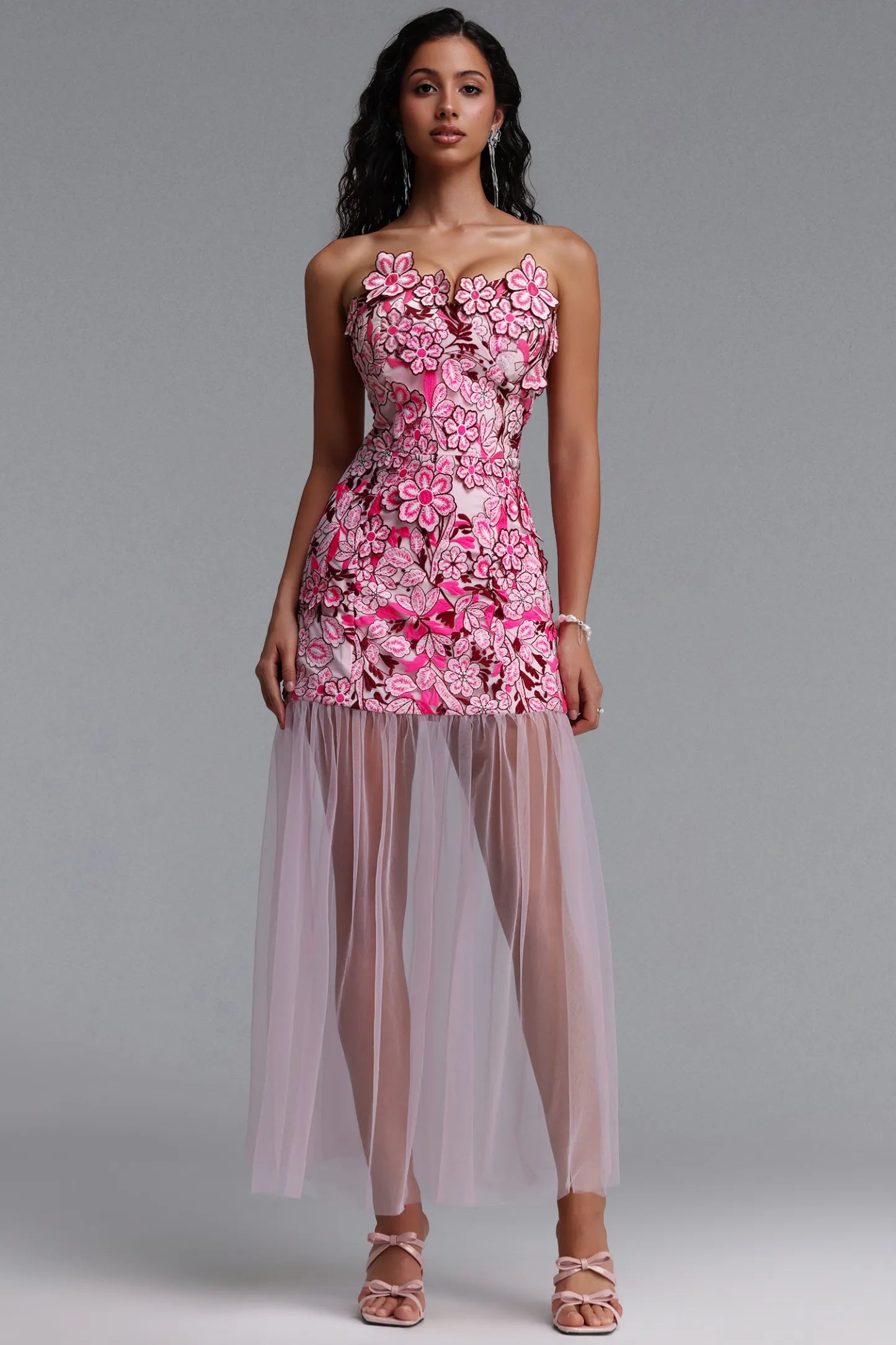 Pink Floral Embroidered Strapless Mini Dress with Sheer Tulle Overlay