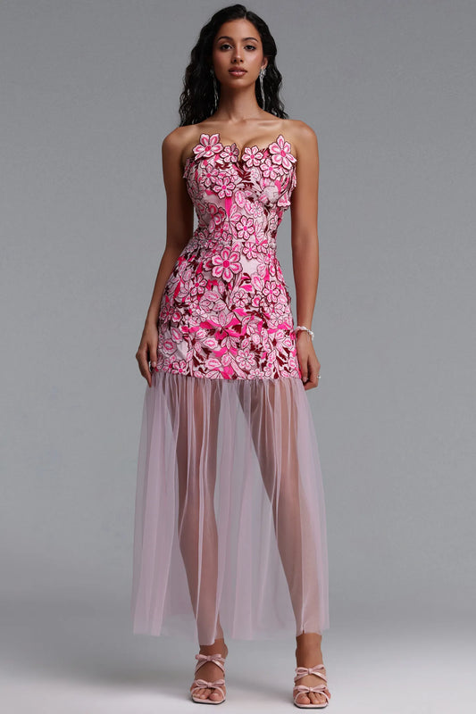 Pink Floral Embroidered Strapless Mini Dress with Sheer Tulle Overlay