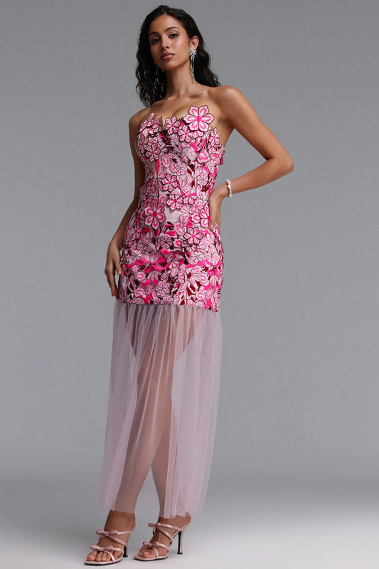 Pink Floral Embroidered Strapless Mini Dress with Sheer Tulle Overlay