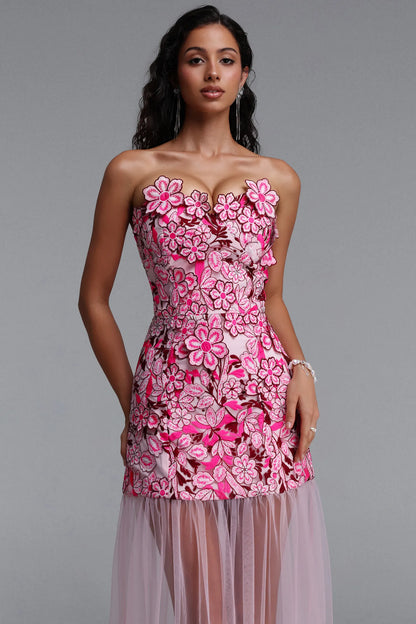 Pink Floral Embroidered Strapless Mini Dress with Sheer Tulle Overlay