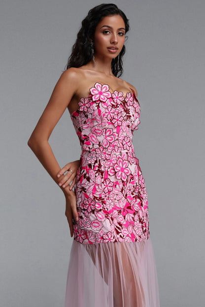 Pink Floral Embroidered Strapless Mini Dress with Sheer Tulle Overlay