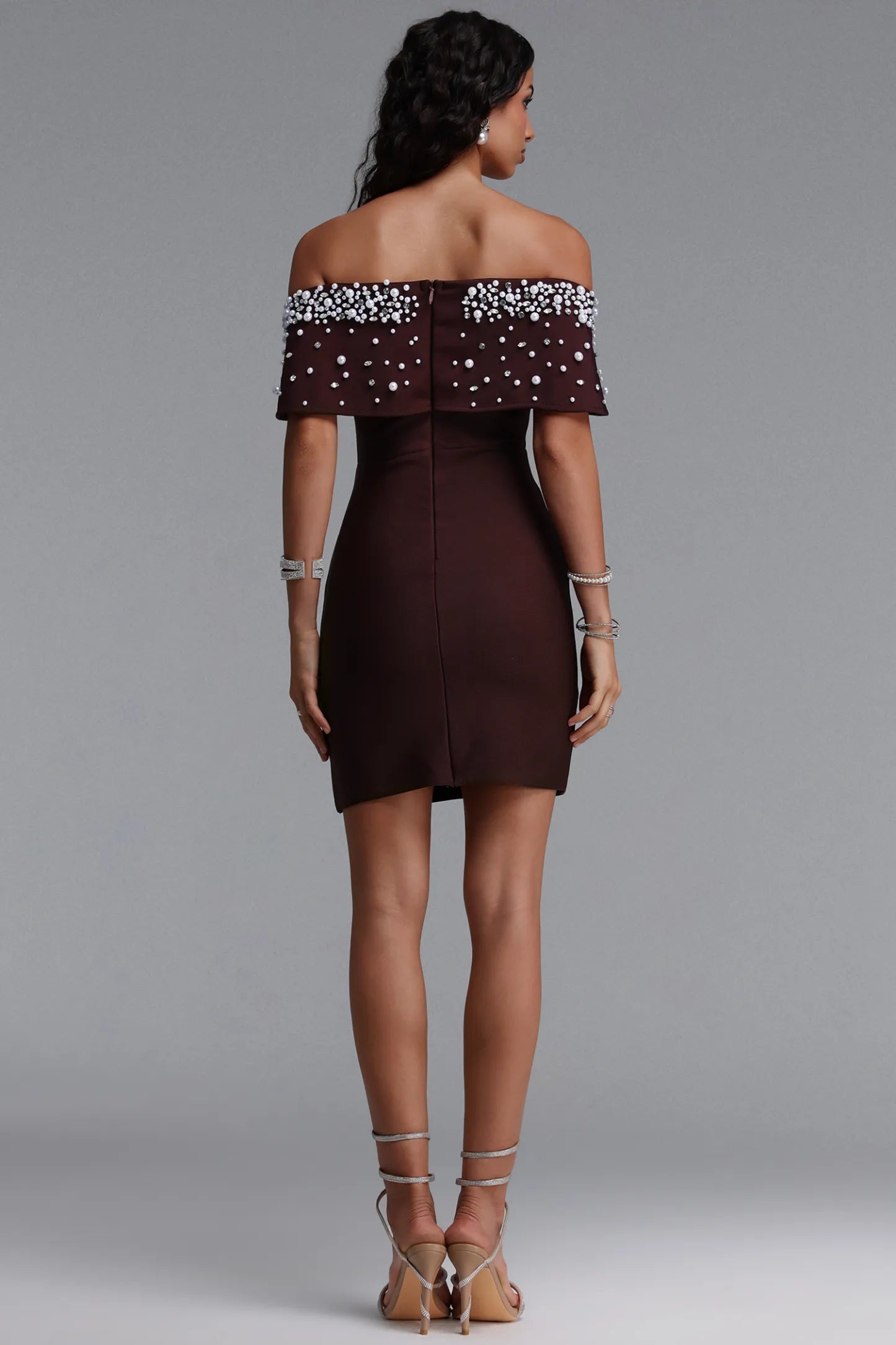 Pearl Embellished Off-The-Shoulder Mini Dress - Chocolate Brown