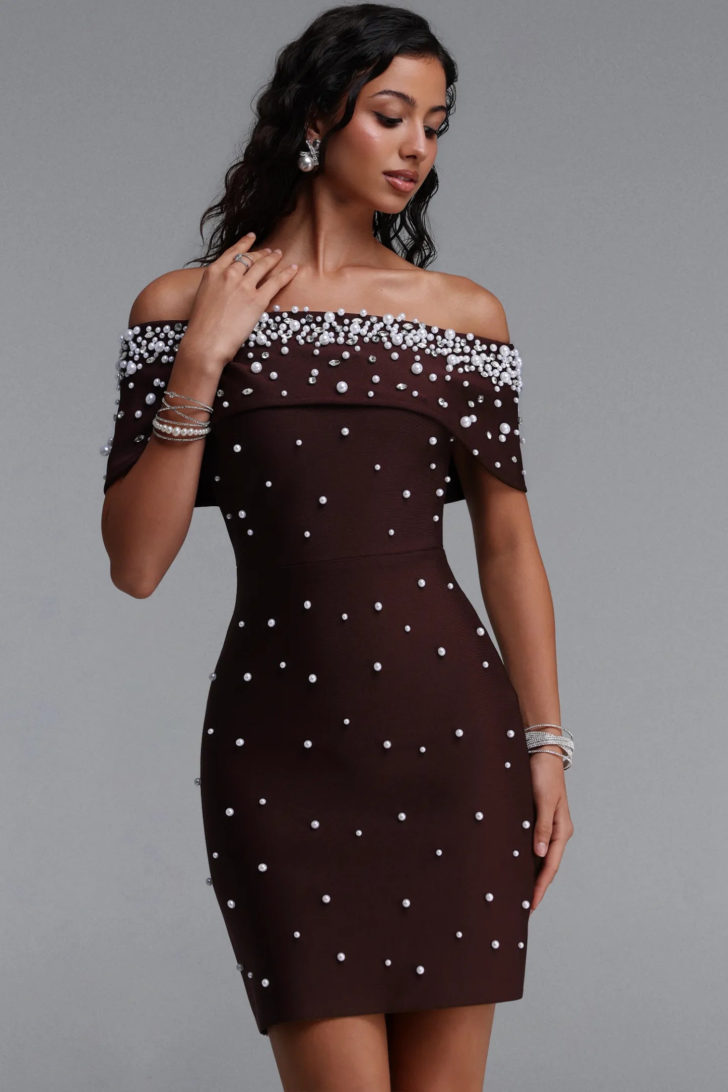 Pearl Embellished Off-The-Shoulder Mini Dress - Chocolate Brown