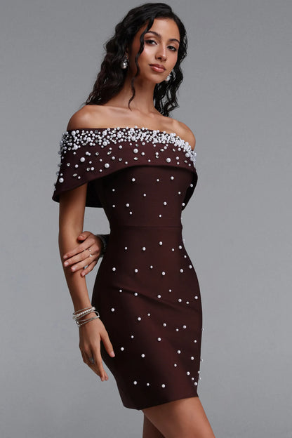 Pearl Embellished Off-The-Shoulder Mini Dress - Chocolate Brown