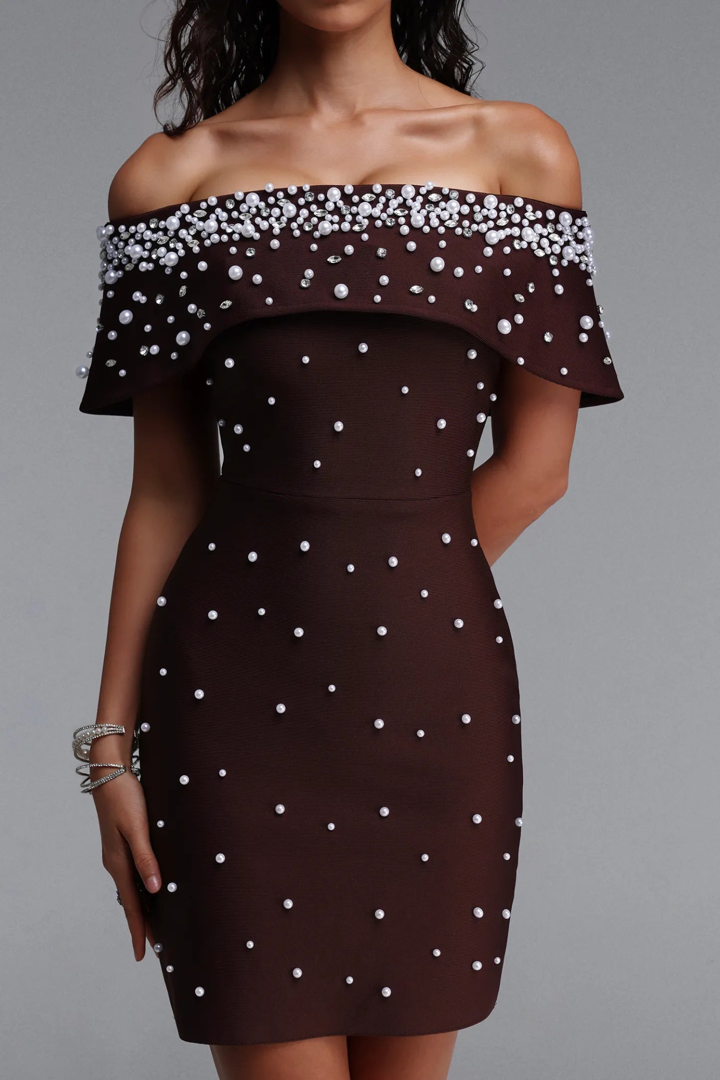 Pearl Embellished Off-The-Shoulder Mini Dress - Chocolate Brown