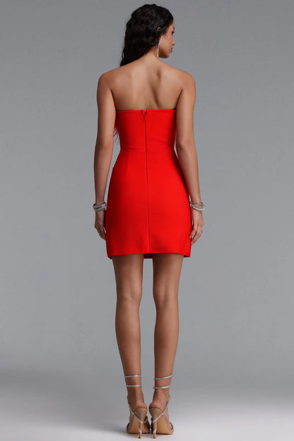 Vibrant Red Feather-Trim Strapless Mini Dress