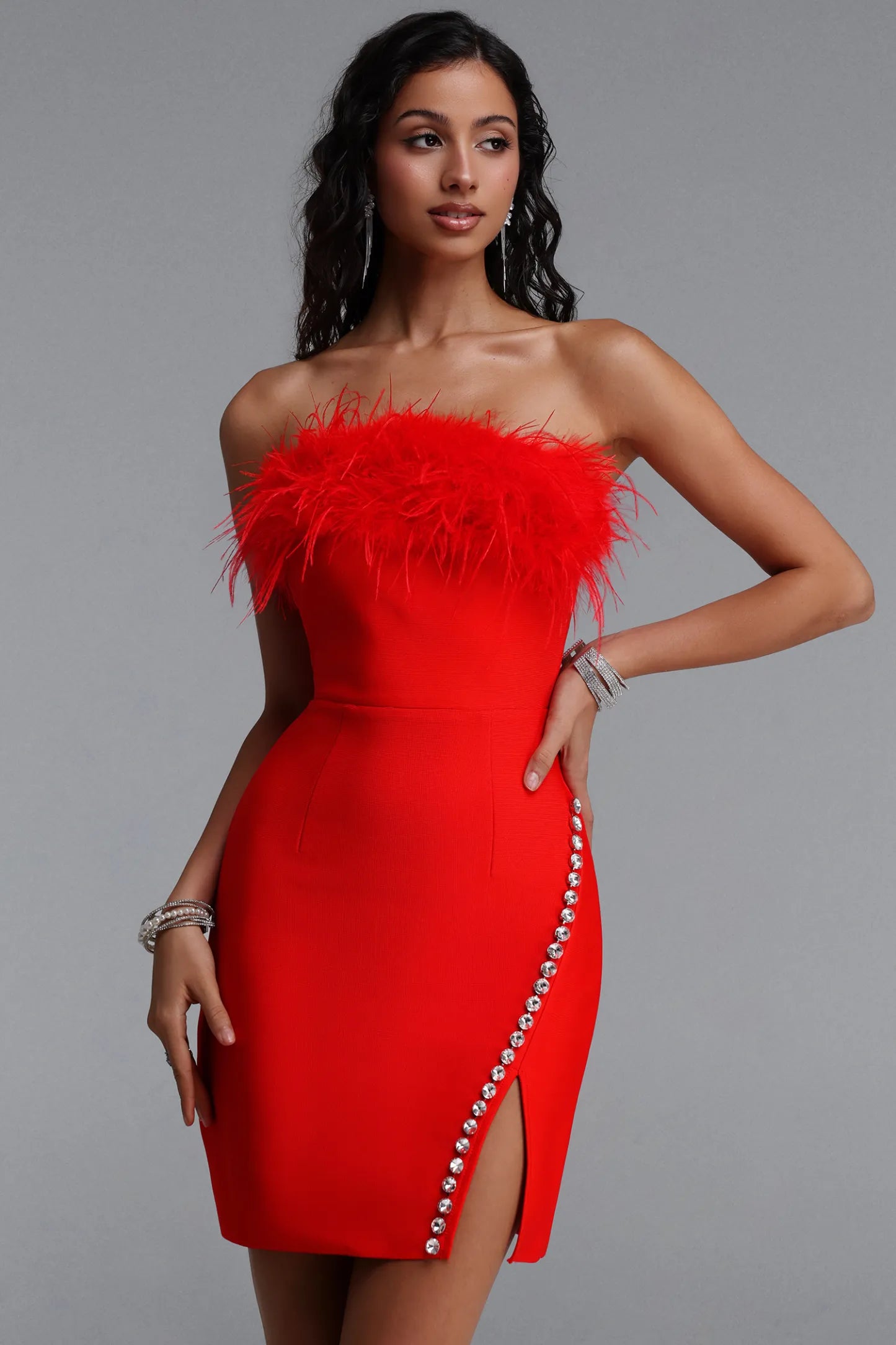 Vibrant Red Feather-Trim Strapless Mini Dress