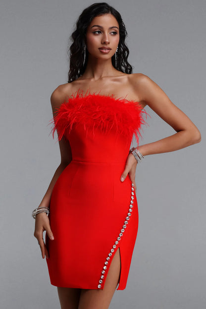 Vibrant Red Feather-Trim Strapless Mini Dress
