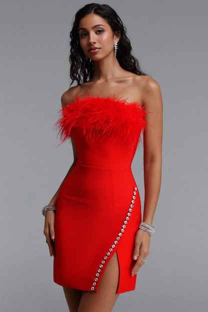 Vibrant Red Feather-Trim Strapless Mini Dress