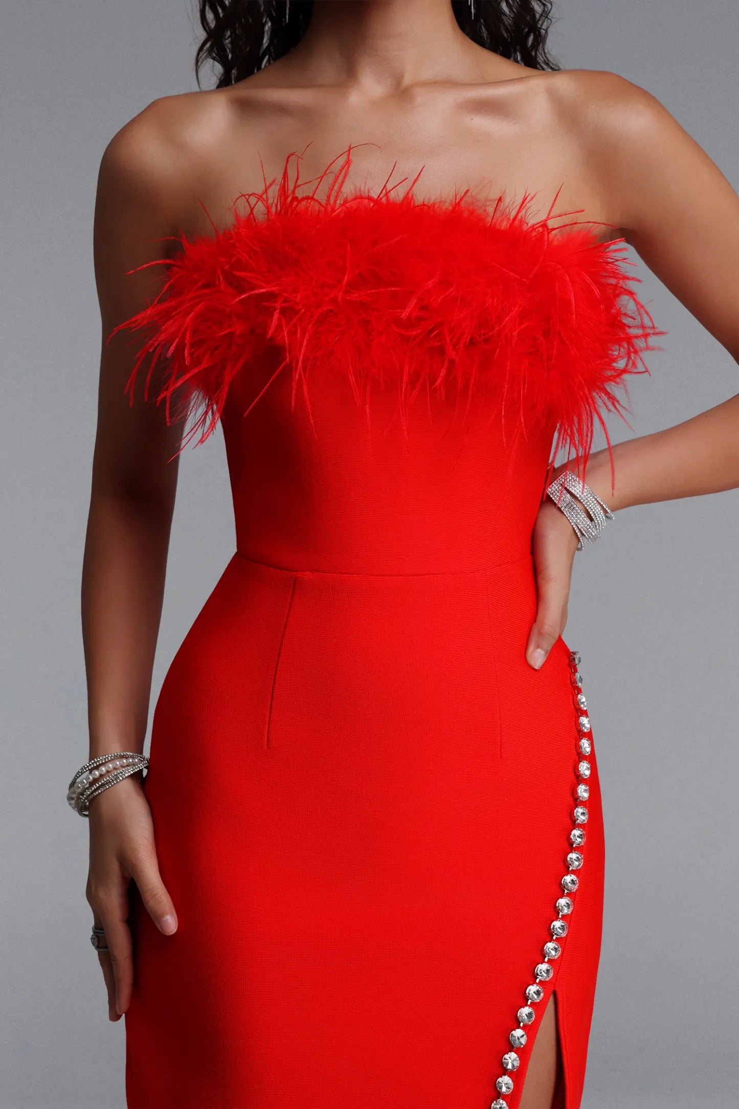 Vibrant Red Feather-Trim Strapless Mini Dress