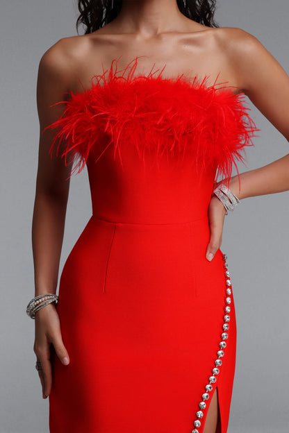 Vibrant Red Feather-Trim Strapless Mini Dress
