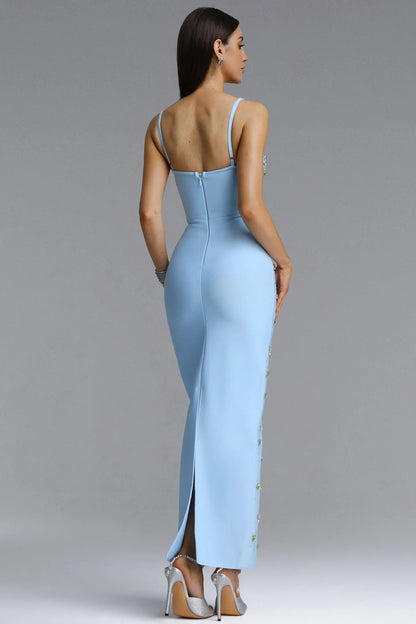 Crystal & Jewel Embellished Sweetheart Maxi Gown - Sky Blue