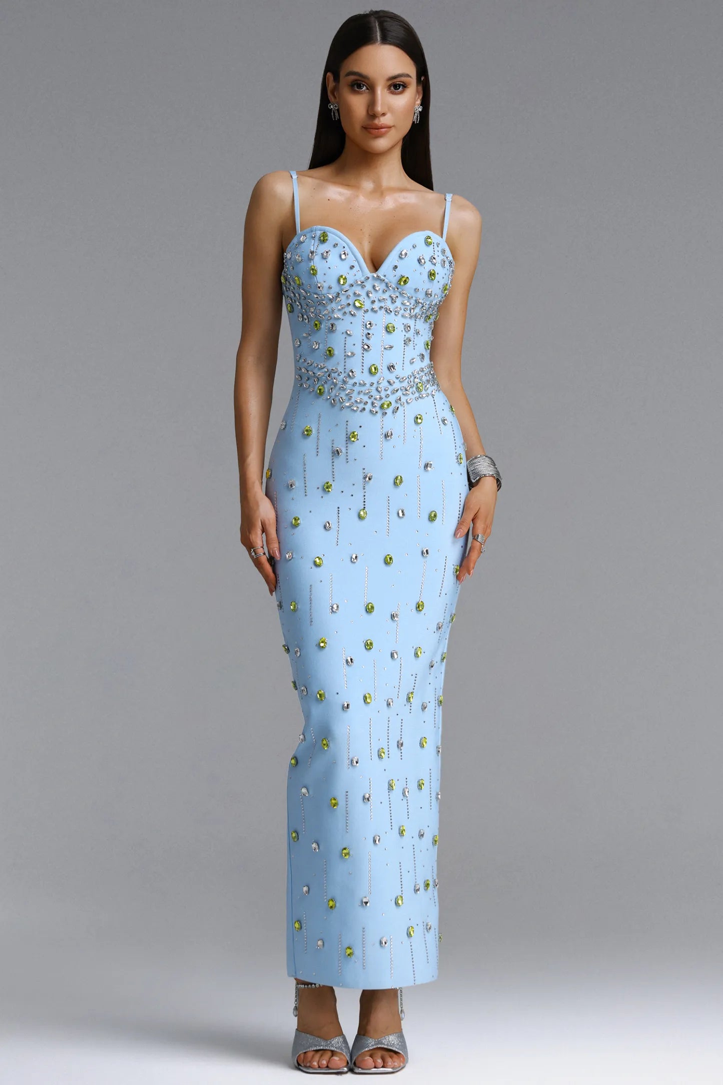 Crystal & Jewel Embellished Sweetheart Maxi Gown - Sky Blue