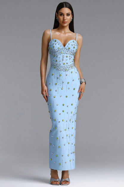 Crystal & Jewel Embellished Sweetheart Maxi Gown - Sky Blue