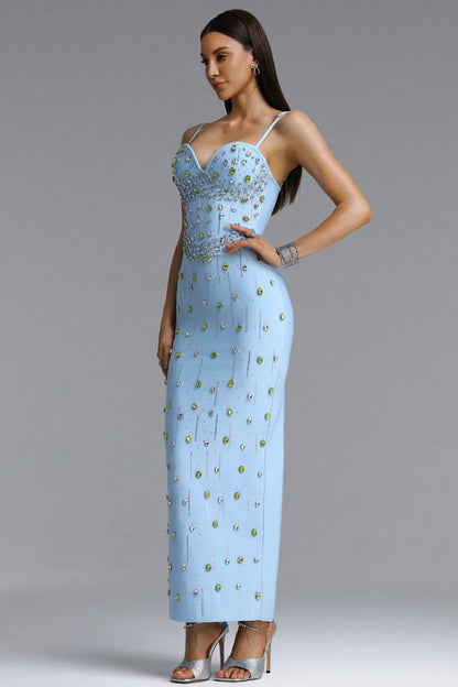 Crystal & Jewel Embellished Sweetheart Maxi Gown - Sky Blue