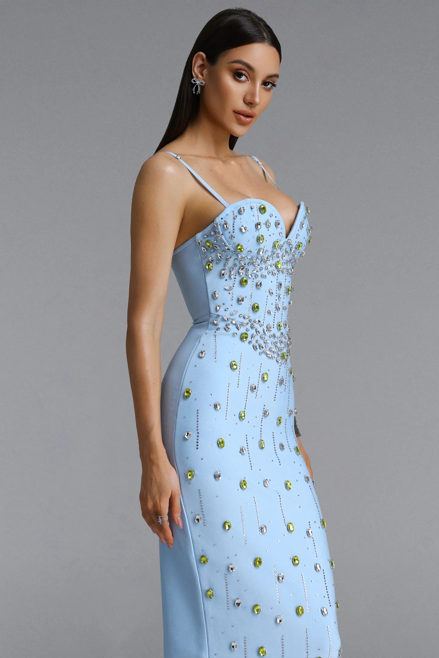 Crystal & Jewel Embellished Sweetheart Maxi Gown - Sky Blue