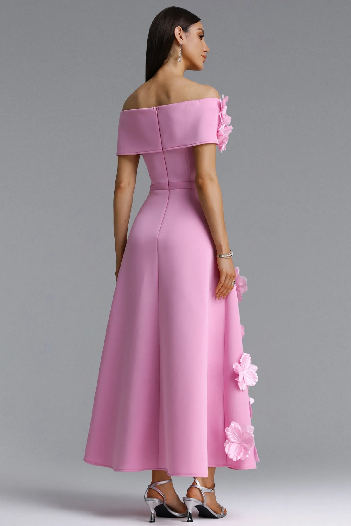 Off-The-Shoulder 3D Floral A-Line Gown - Rose Pink