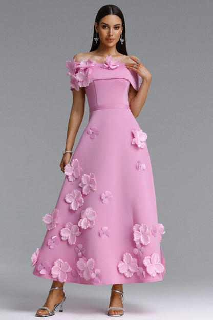 Off-The-Shoulder 3D Floral A-Line Gown - Rose Pink