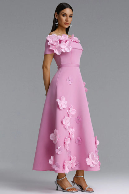 Off-The-Shoulder 3D Floral A-Line Gown - Rose Pink