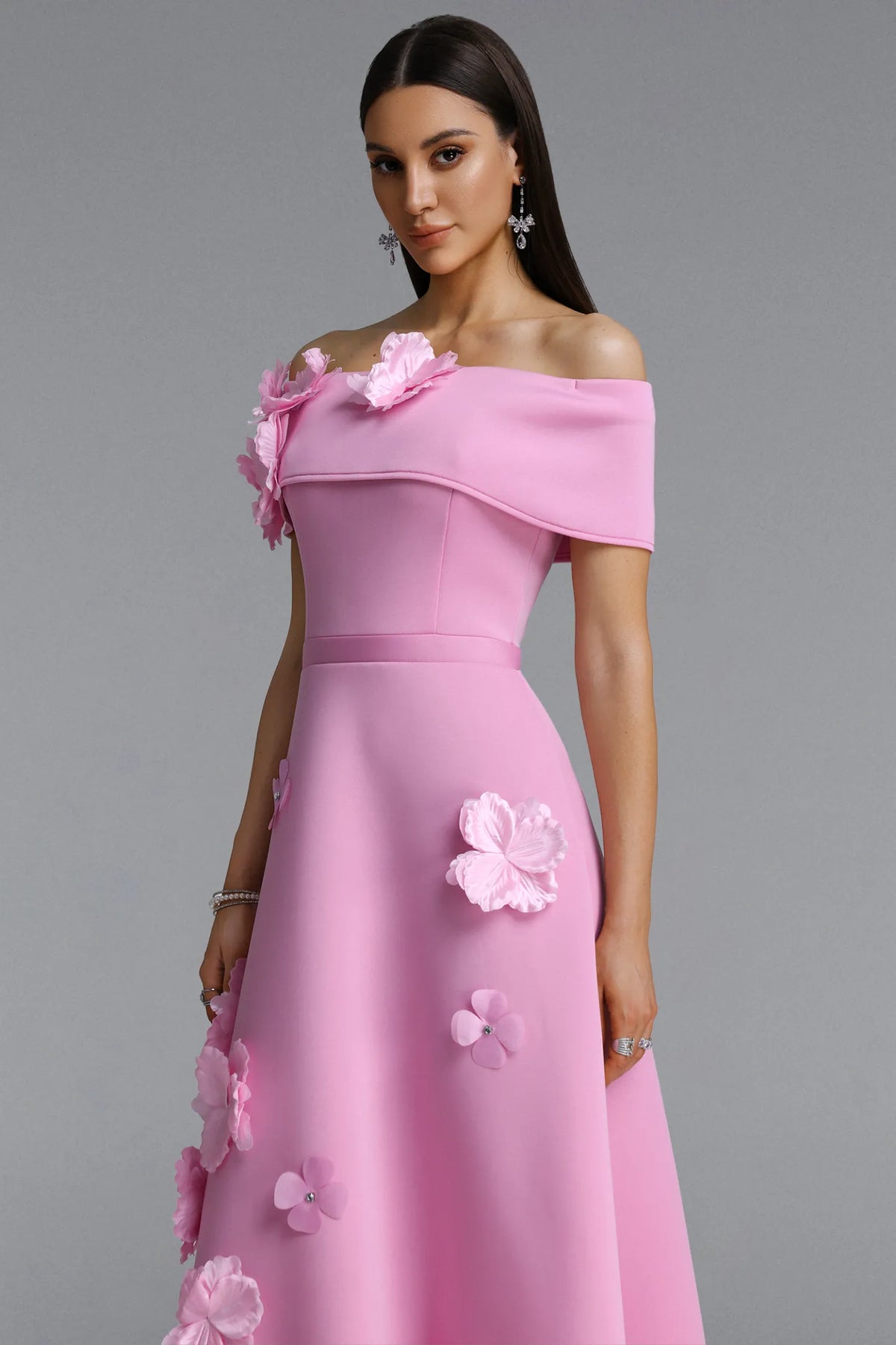 Off-The-Shoulder 3D Floral A-Line Gown - Rose Pink