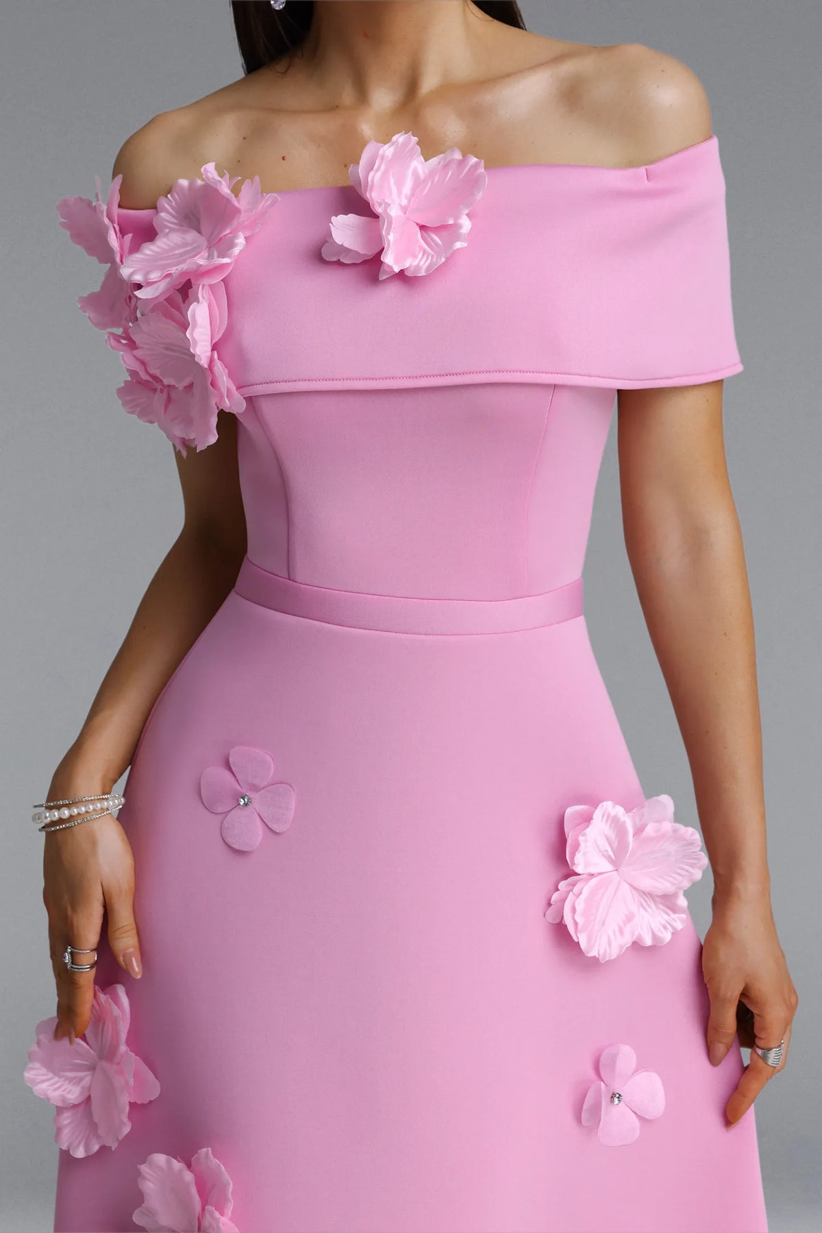 Off-The-Shoulder 3D Floral A-Line Gown - Rose Pink