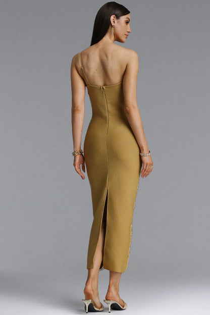 Metallic Plissé One-Shoulder Midi Dress - Liquid Gold