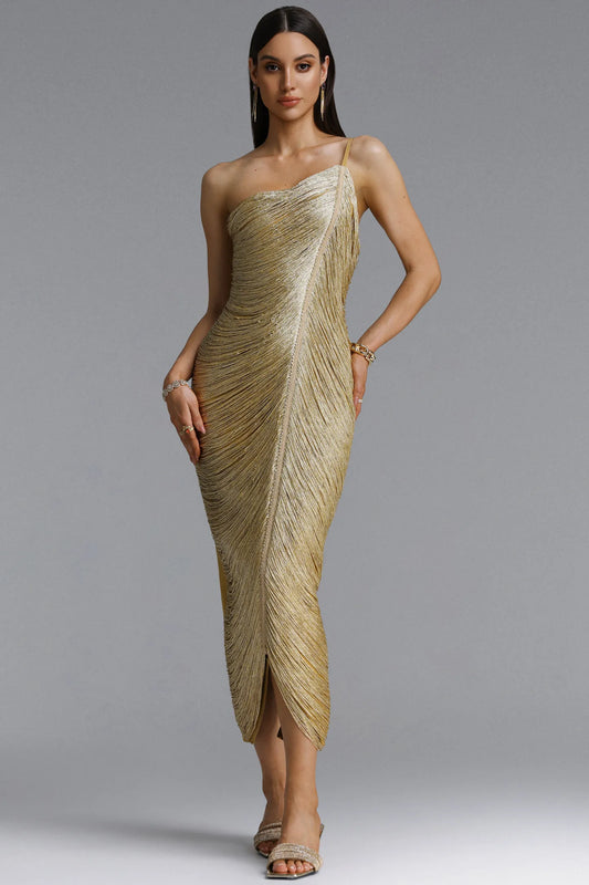 Metallic Plissé One-Shoulder Midi Dress - Liquid Gold