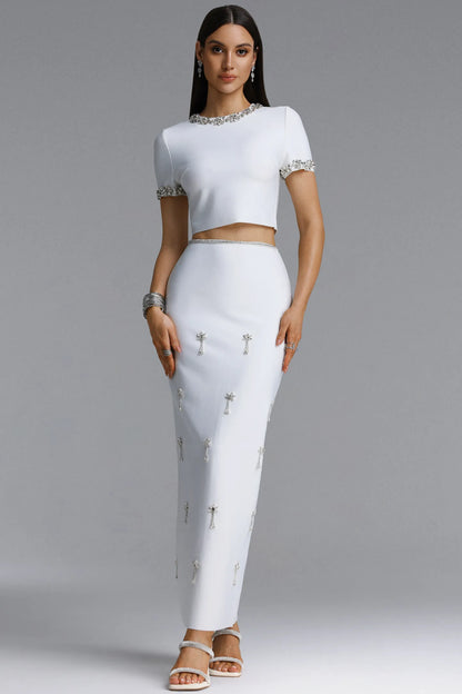 Crystal Embellished Short-Sleeve Two-Piece Maxi Set - White