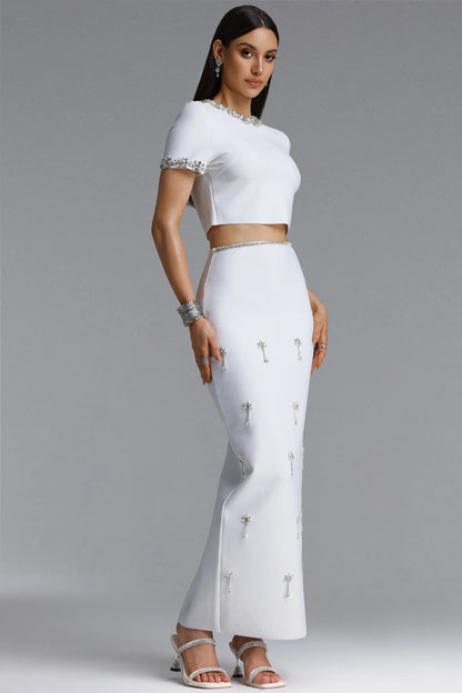 Crystal Embellished Short-Sleeve Two-Piece Maxi Set - White