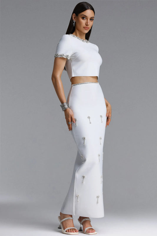 Crystal Embellished Short-Sleeve Two-Piece Maxi Set - White