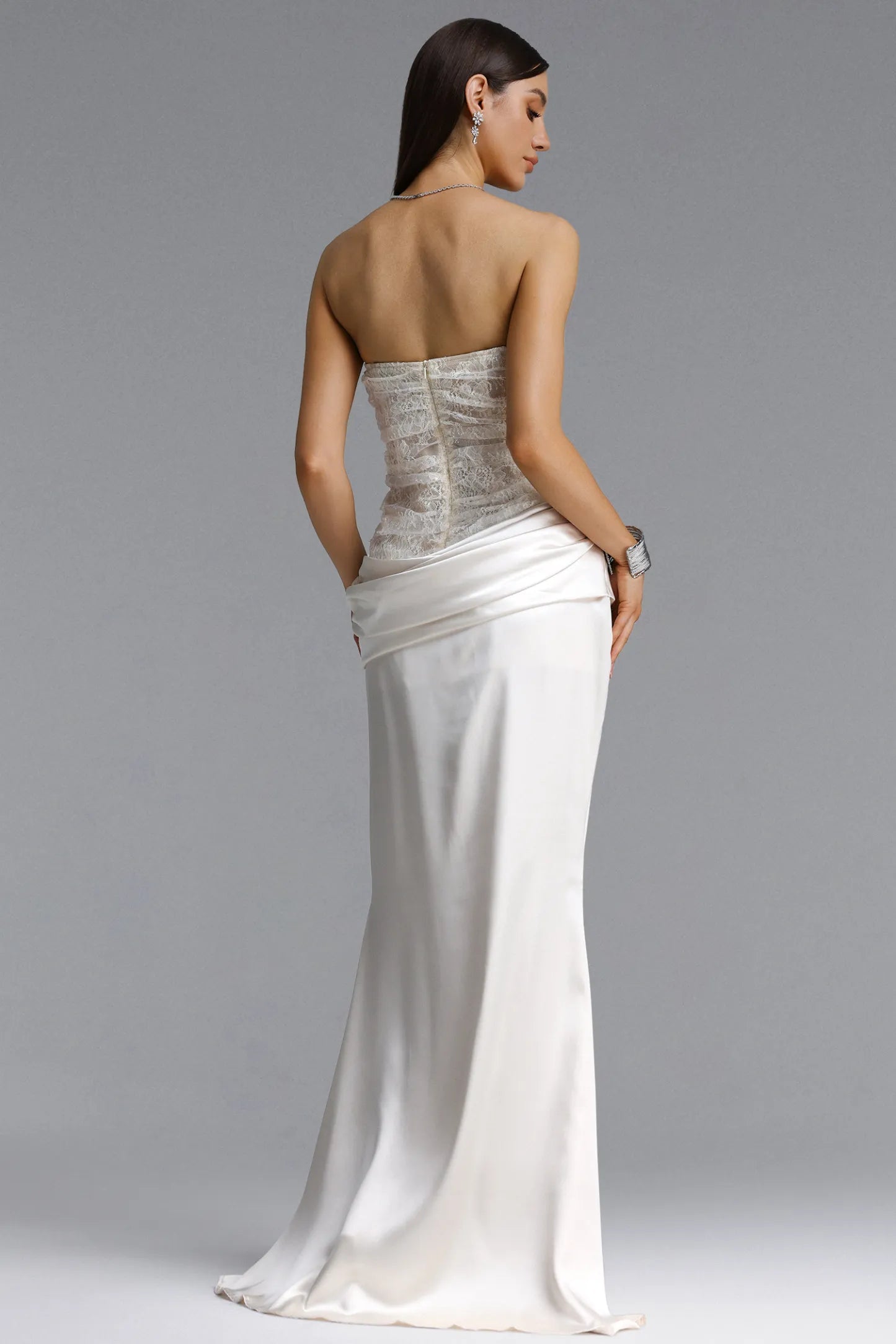 Asymmetrical Lace and Satin Draped Evening Gown - Ivory
