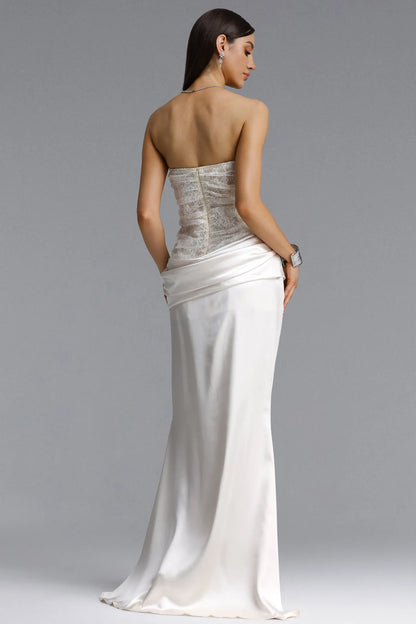 Asymmetrical Lace and Satin Draped Evening Gown - Ivory