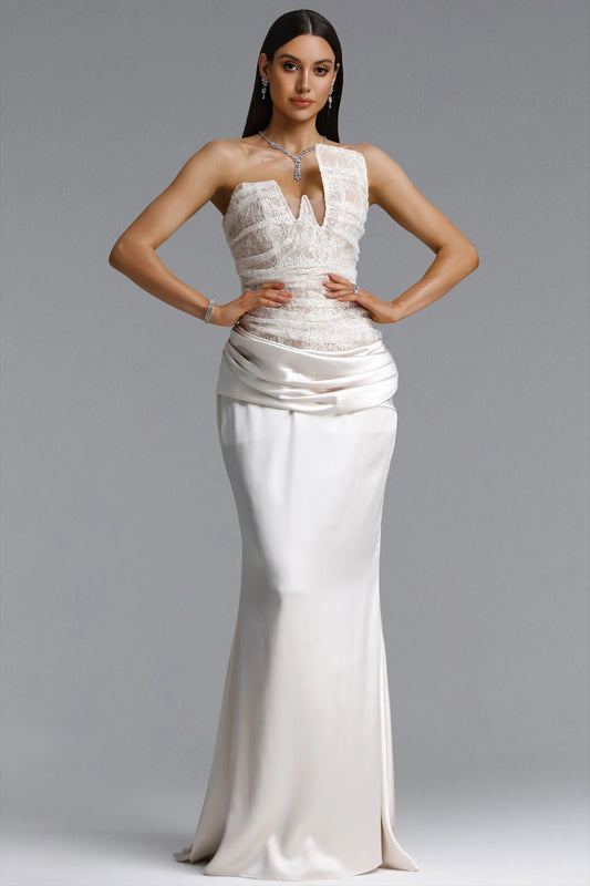 Asymmetrical Lace and Satin Draped Evening Gown - Ivory