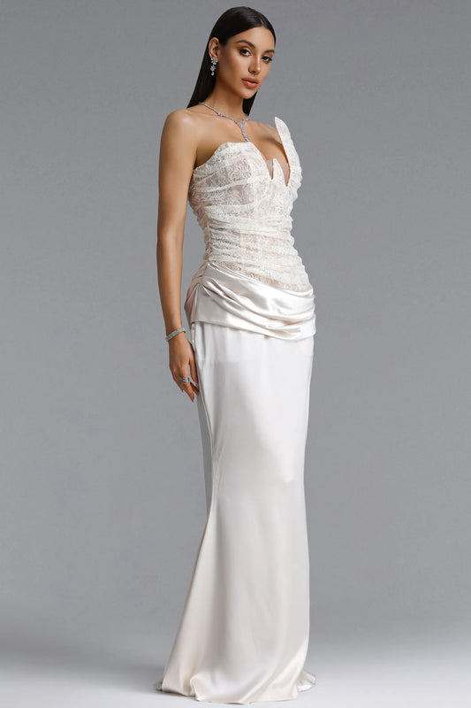Asymmetrical Lace and Satin Draped Evening Gown - Ivory