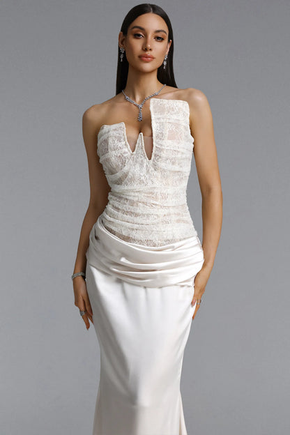 Asymmetrical Lace and Satin Draped Evening Gown - Ivory