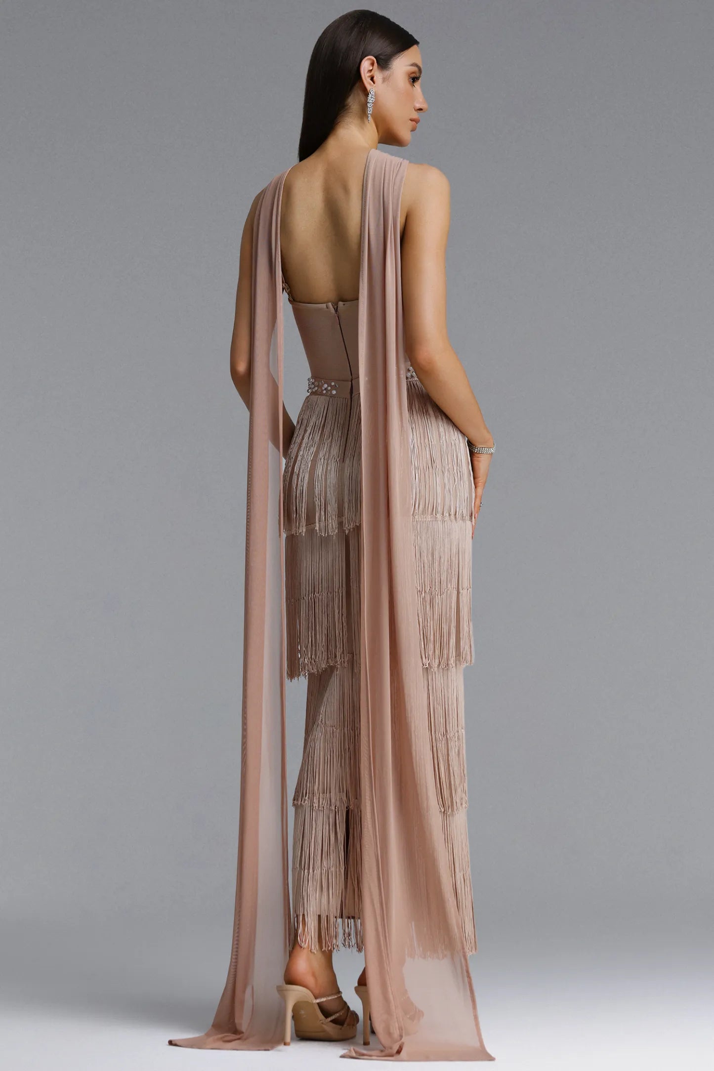 Embellished Halter Tiered Fringe Maxi Gown - Champagne