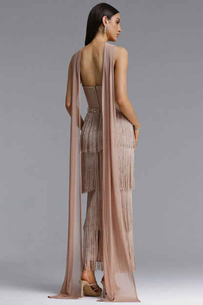 Embellished Halter Tiered Fringe Maxi Gown - Champagne