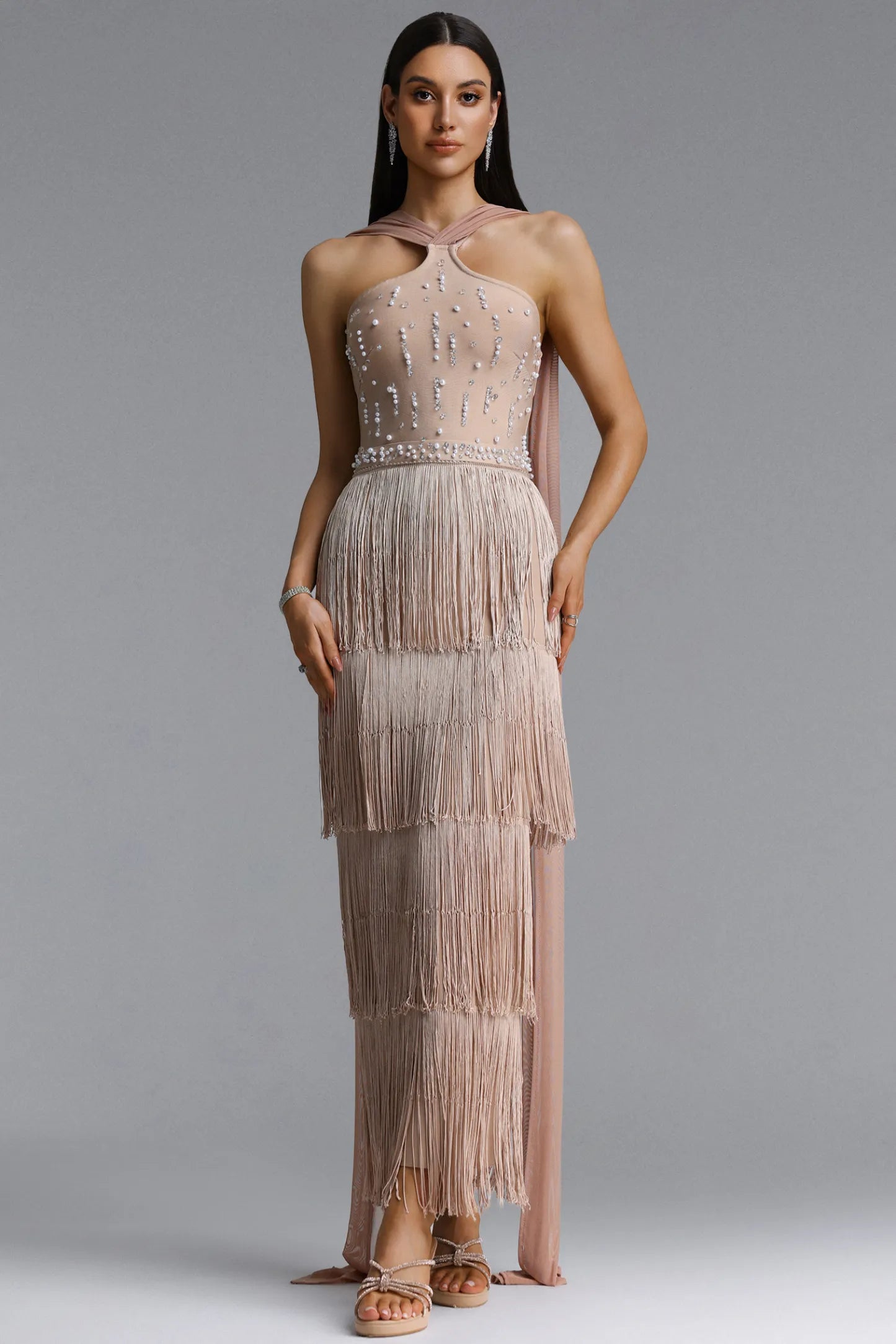 Embellished Halter Tiered Fringe Maxi Gown - Champagne