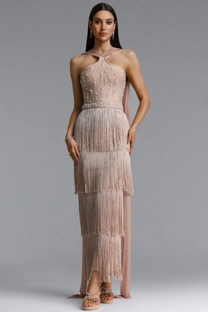 Embellished Halter Tiered Fringe Maxi Gown - Champagne