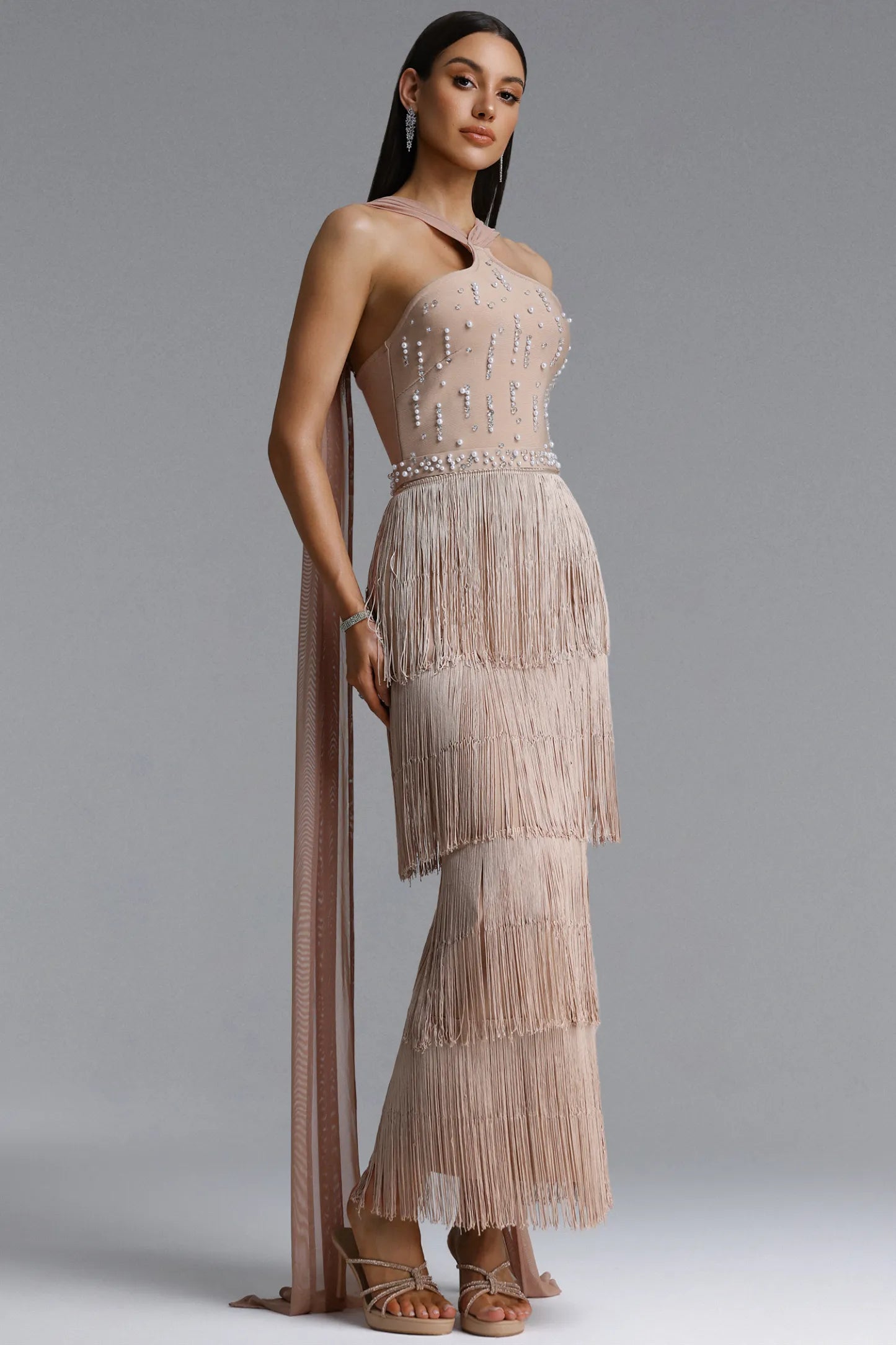 Embellished Halter Tiered Fringe Maxi Gown - Champagne
