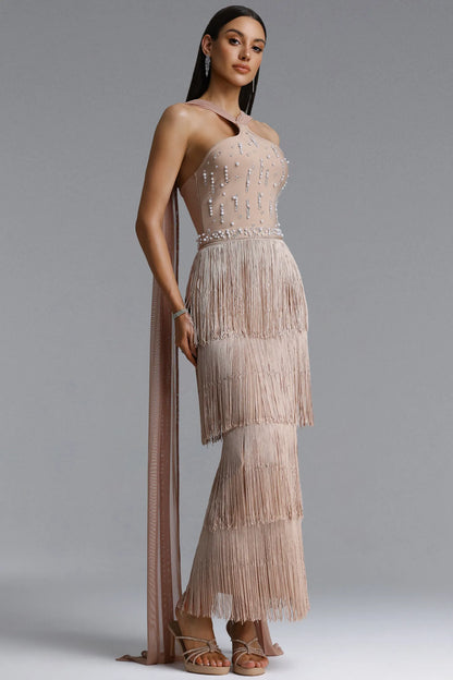 Embellished Halter Tiered Fringe Maxi Gown - Champagne