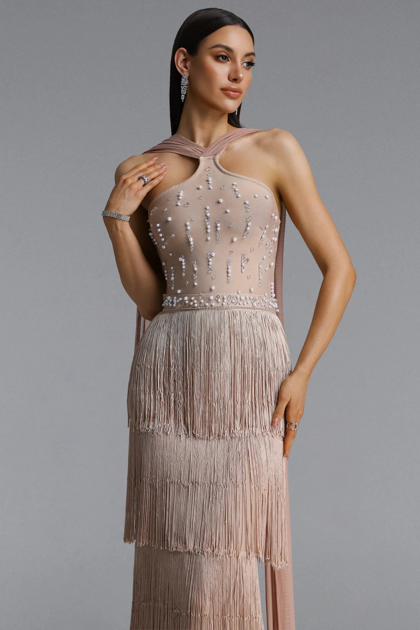 Embellished Halter Tiered Fringe Maxi Gown - Champagne