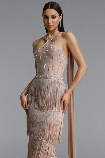 Embellished Halter Tiered Fringe Maxi Gown - Champagne